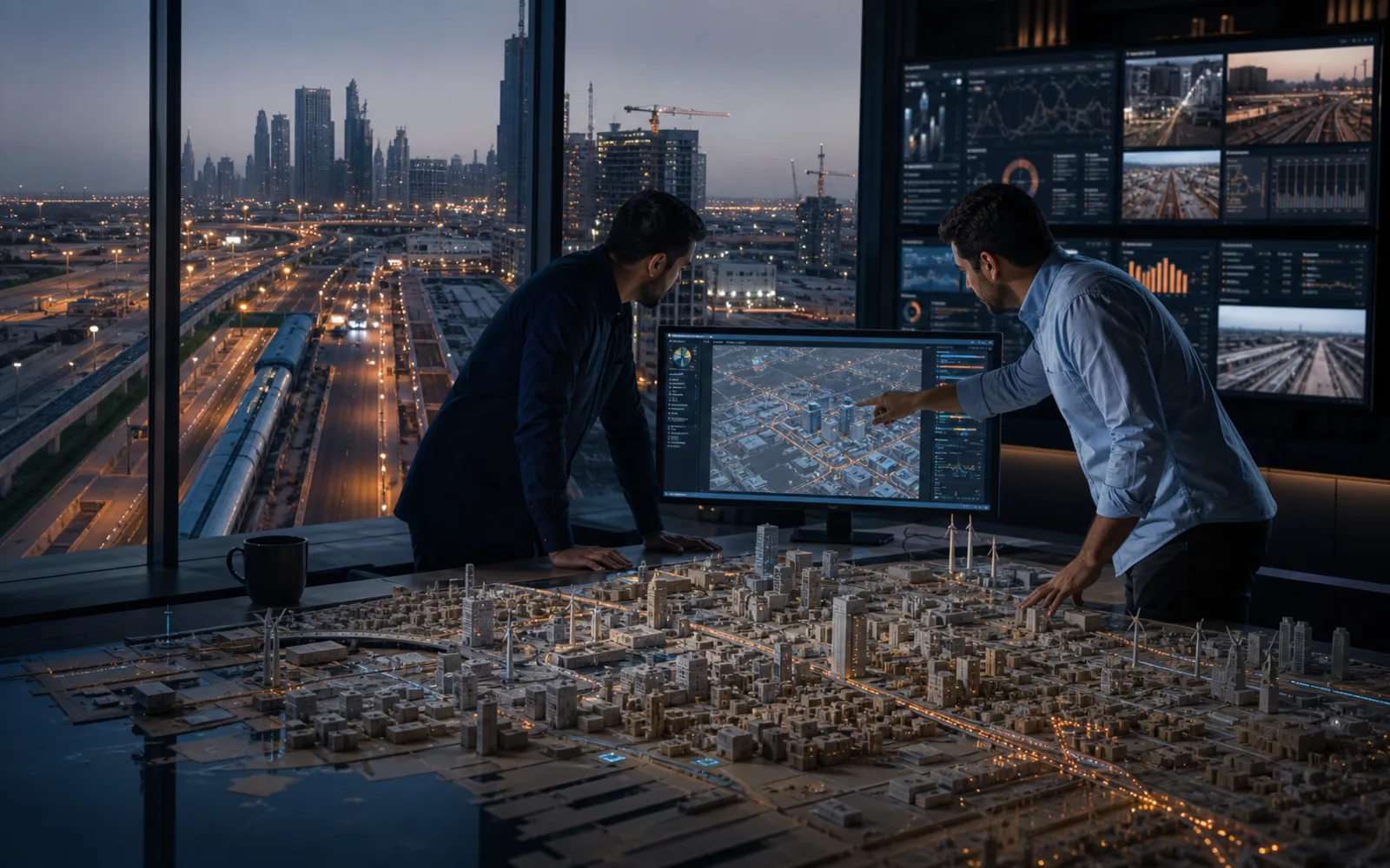 Infrastructure operators examining a live digital twin of a city